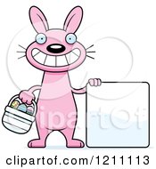 Cartoon Of A Happy Slim Pink Easter Bunny With A Sign Royalty Free Vector Clipart