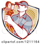 Poster, Art Print Of Retro Refrigeration Mechanic Holding Temperature Gauges Over A Shield Of Rays