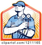 Poster, Art Print Of Retro Refrigeration Mechanic Holding Temperature Gauges Over Rays