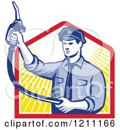 Clipart Of A Retro Pump Jockey Holding Up A Fuel Nozzle Over Rays Royalty Free Vector Illustration