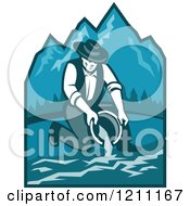 Clipart Of A Retro Gold Digger Propector Panning For Gold Over Mountains Royalty Free Vector Illustration