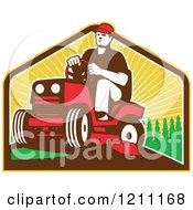 Poster, Art Print Of Retro Farmer Or Gardener Operating A Ride On Lawn Mower