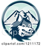 Clipart Of A Retro Siberian Husky Dog Over Circle Of Sunshine And Mountains Royalty Free Vector Illustration