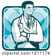Clipart Of A Retro Male Doctor Standing With Folded Arms Over A Square Royalty Free Vector Illustration