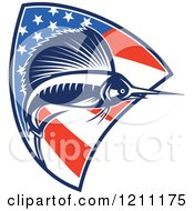 Retro Sailfish Leaping Over An American Flag Shield
