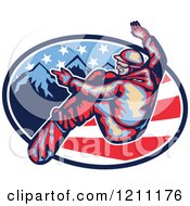 Clipart Of A Retro Snowboarder Leaving Stripes Over Mountains And American Stars Royalty Free Vector Illustration