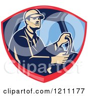 Poster, Art Print Of Retro Truck Driver Behind The Wheel In A Shield Crest