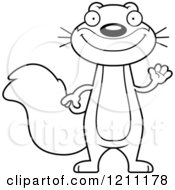 Cartoon Of A Black And White Waving Slim Squirrel Royalty Free Vector Clipart