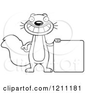 Cartoon Of A Black And White Happy Slim Squirrel With A Sign Royalty Free Vector Clipart