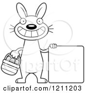Cartoon Of A Black And White Happy Slim Easter Bunny With A Sign Royalty Free Vector Clipart