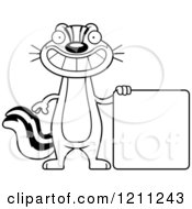 Cartoon Of A Black And White Slim Chipmunk With A Sign Royalty Free Vector Clipart