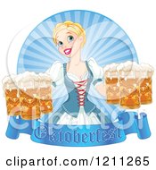 Poster, Art Print Of Happy Blond Oktoberfest Beer Maiden With Pints A Banner And Rays