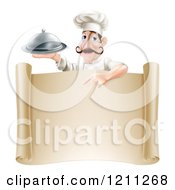 Poster, Art Print Of Chef With A Mustache Holding A Platter And Pointing Down At A Scroll Sign