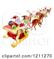 Cartoon Of Santa Claus Looking Back And Waving While Flying In His Magic Reindeer Sleigh Royalty Free Vector Clipart