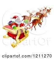 Poster, Art Print Of Santa Claus Looking Back And Waving While Flying In His Magic Reindeer Sleigh