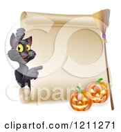 Poster, Art Print Of Black Cat Pointing To A Scroll Sign With A Witch Broomstick And Halloween Pumpkins