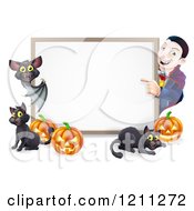 Poster, Art Print Of Happy Vampire With A Bat Cats And Halloween Pumpkins Around A White Sign