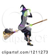 Green Halloween Witch Tipping Her Hat And Flying With A Black Cat On A Broomstick