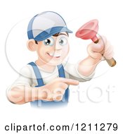 Poster, Art Print Of Friendly Young Brunette Plumber Holding A Plunger And Pointing
