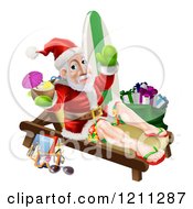 Relaxing Santa Holding A Cocktail And Waving With Vacation Items And A Bag Of Gifts