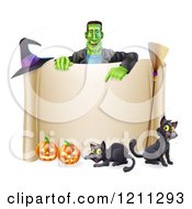 Poster, Art Print Of Happy Frankenstein Pointing Down At A Scroll Sign With A Witch Hat Cats A Broomstick And Halloween Pumpkins