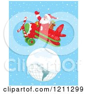 Santa Flying A Plane Over A Snow Covered Globe