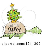 Poster, Art Print Of Slow Tortoise With On The Way And A Christmas Tree On His Shell Stretching His Neck And Walking
