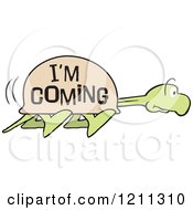 Cartoon Of A Slow Tortoise With Im Coming On His Shell Stretching His Neck And Walking Royalty Free Vector Clipart