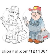 Cartoon Of An Outlined And Colored Chubby Mechanic Man Holding A Tool Box And Wrench Royalty Free Vector Clipart