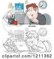 Poster, Art Print Of Outlined And Colored Happy Businessman Talking On A Phone And Using A Laptop In An Office