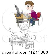 Poster, Art Print Of Outlined And Colored Man Working At A Computer Desk With A Cup Of Tea
