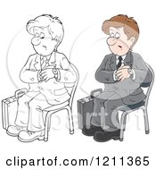 Cartoon Of An Outlined And Colored Businessman Checking His Watch And Waiting For An Appointment Royalty Free Vector Clipart