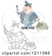 Poster, Art Print Of Outlined And Colored Police Officer Waving A Baton By A Bag Of Money After Chasing Away A Robber
