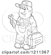 Cartoon Of An Outlined Chubby Mechanic Man Holding A Tool Box And Wrench Royalty Free Vector Clipart