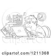 Poster, Art Print Of Outlined Happy Businessman Talking On A Phone And Using A Laptop In An Office