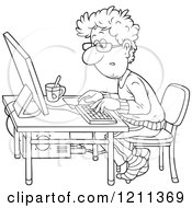 Cartoon Of An Outlined Man Working At A Computer Desk With A Cup Of Tea Royalty Free Vector Clipart