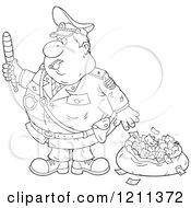Cartoon Of An Outlined Police Officer Waving A Baton By A Bag Of Money After Chasing Away A Robber Royalty Free Vector Clipart