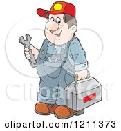 Poster, Art Print Of Chubby Mechanic Man Holding A Tool Box And Wrench