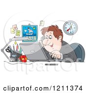 Poster, Art Print Of Happy Caucasian Businessman Talking On A Phone And Using A Laptop In An Office