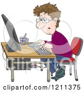 Cartoon Of A Man Working At A Computer Desk With A Cup Of Tea Royalty Free Vector Clipart
