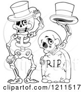 Cartoon Of Outlined Halloween Skeletons With Top Hats At A Cemetery Royalty Free Vector Clipart