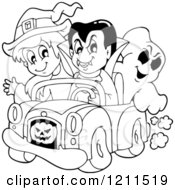 Poster, Art Print Of Outlined Halloween Witch Vampire And Ghost Riding In A Pickup Truck