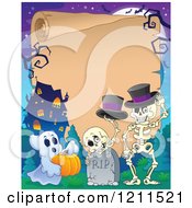 Poster, Art Print Of Ghost And Halloween Skeletons With Top Hats At A Haunted House Cemetery Over Parchment Copyspace