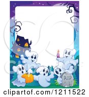 Cartoon Of Ghosts With A Pumpkin Candle Tombstone And Haunted House Over Copyspace Royalty Free Vector Clipart