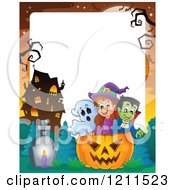 Poster, Art Print Of Ghost Witch And Vampire In A Halloween Jackolantern Pumpkin Near A Haunted House Over Copyspace