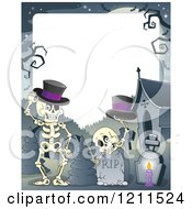 Poster, Art Print Of Halloween Skeletons With Top Hats At A Cemetery Over Copyspace