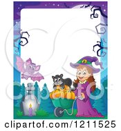 Cartoon Of A Cute Halloween Witch Girl Pushing A Black Cat And Pumpkins In A Wheelbarrow Over Copyspace Royalty Free Vector Clipart by visekart
