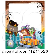 Poster, Art Print Of Halloween Witch Vampire And Ghost Riding In A Pickup Truck Near A Haunted Mansion Over Copyspace