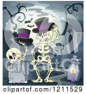 Poster, Art Print Of Halloween Skeletons With Top Hats At A Cemetery Against A Full Moon