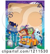 Cartoon Of A Halloween Witch Vampire And Ghost Riding In A Pickup Truck Near A Haunted Mansion Over Parchment Copyspace Royalty Free Vector Clipart by visekart
